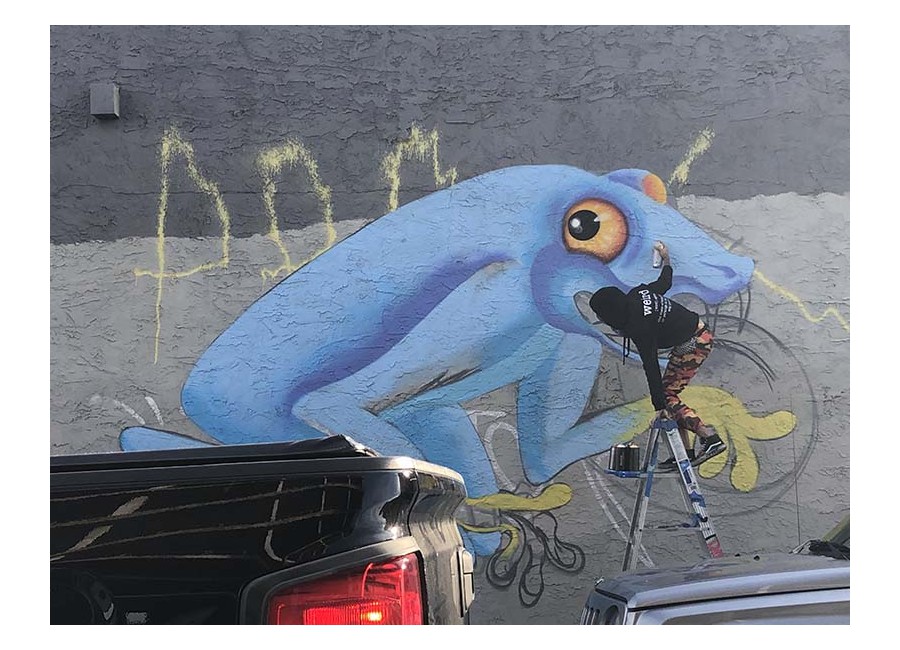 Artista dipinge un murales con spray-paint a Wynwood.